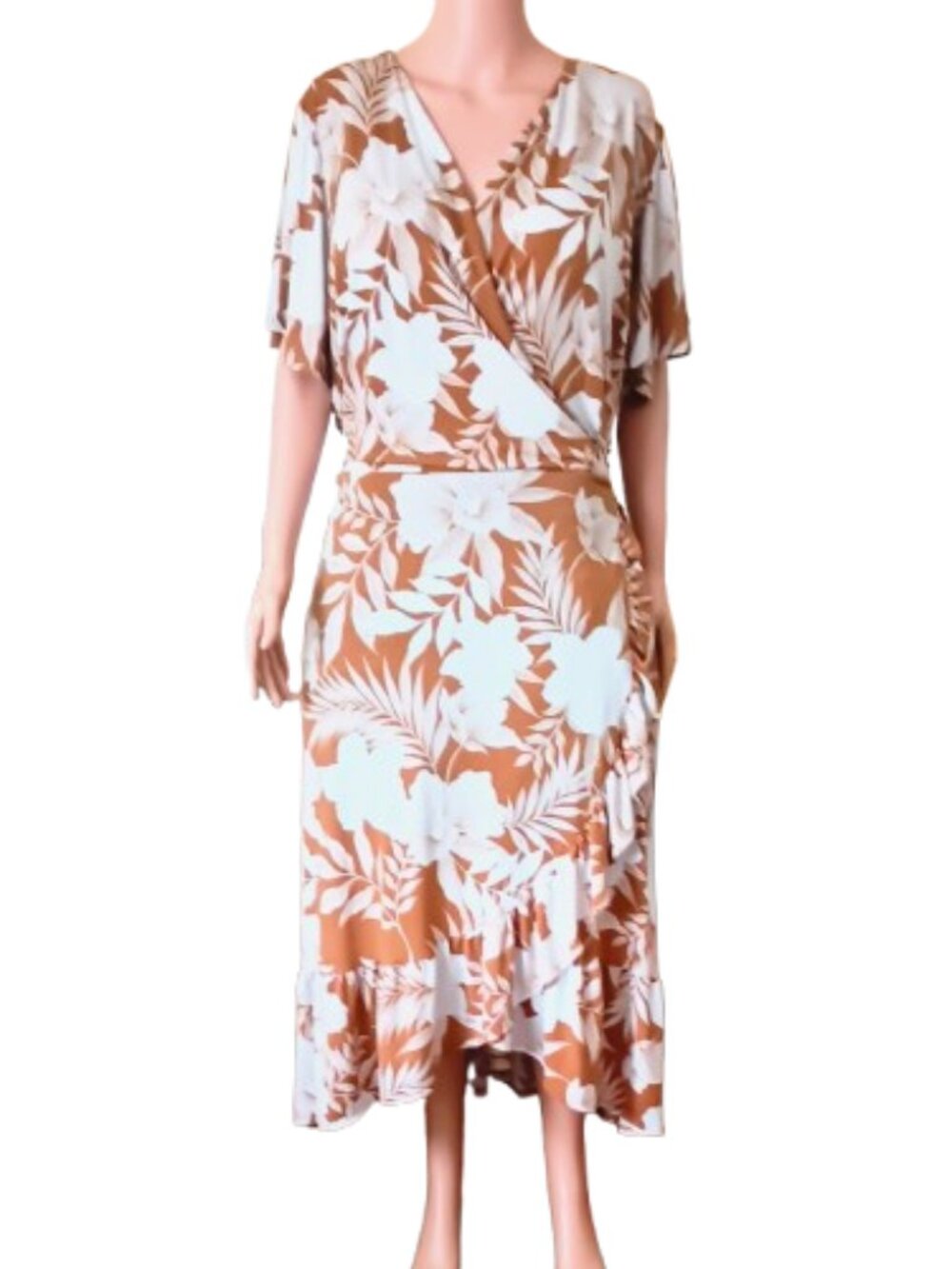 Lane Bryant Ruffle Midi Dress 26-28 Tan Tropical Floral Short Flutter-Sleeve